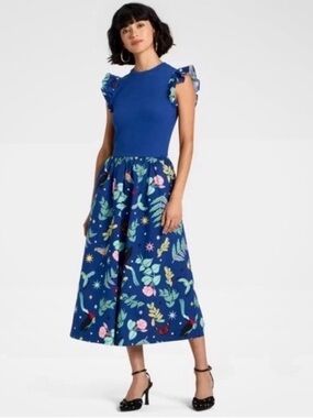 Latino Heritage Month Women's Ruffle Sleeve Midi A-Line Dress Dark Blue Floral M